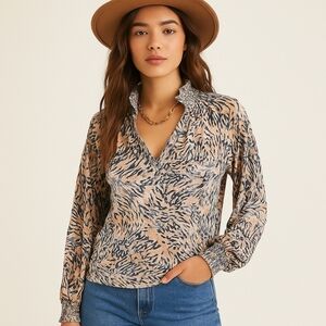 Free People Metallic Print Smocked Blouse – Size XL – NWT